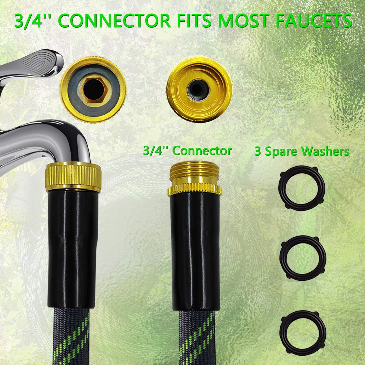 Junredy Garden Hose 25 FT, NON-EXPANDABLE Heavy-Duty Flexible & Lightweight Water Hose with 10-Function Nozzle, No-Kink, Leak-Proof Super Fabric, Solid Fittings for Lawn, Car, Outdoor (Black Green)