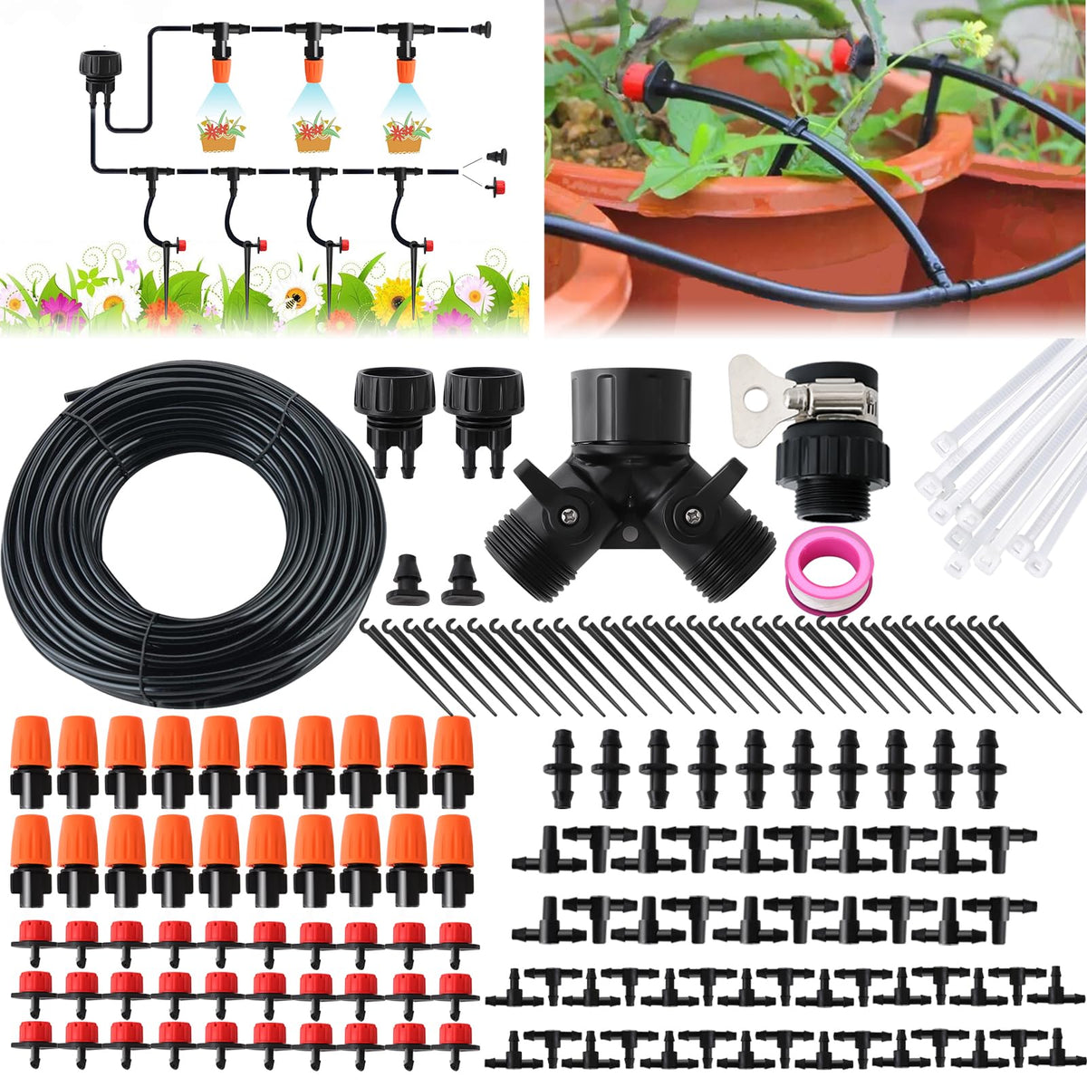 Drip Irrigation Kit, Garden Irrigation System 1/4" Blank Distribution Tubing Watering Drip Kit/DIY Saving Water Automatic Watering System for Garden, Greenhouse, Flower Bed, Patio, Lawn