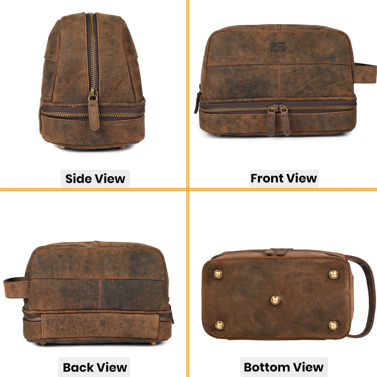 LEATHER VILLAGE Genuine Vintage Leather Dopp Kit - Travel Bag with Waterproof Lining, Large Capacity Toiletry Bag, Dual-Zip Design for Men & Women, Shaving & Bathroom Essentials Organizer-Rustic Brown