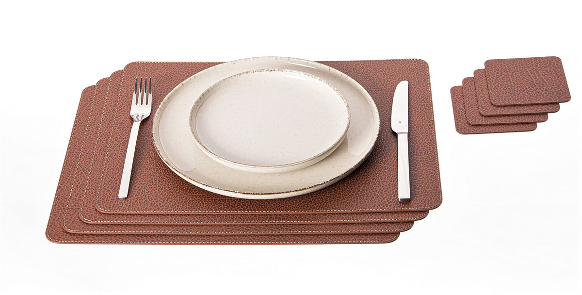 Nikalaz Set of 4 Placemats and 4 Coasters Made of Recycled Leather (18''x13'', Dirty Brown)