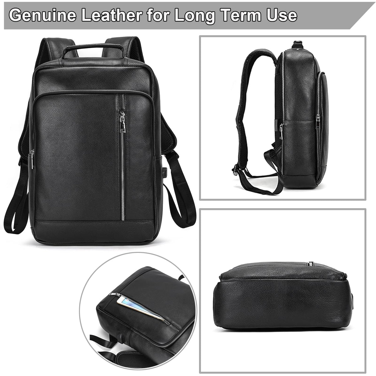Yevabo Genuine Leather 15.6 Inch Laptop Backpack for Men, Multi Pocket Slim Daypack Shoulder Bag with Trolley Sleeve for Business Travel (Black)