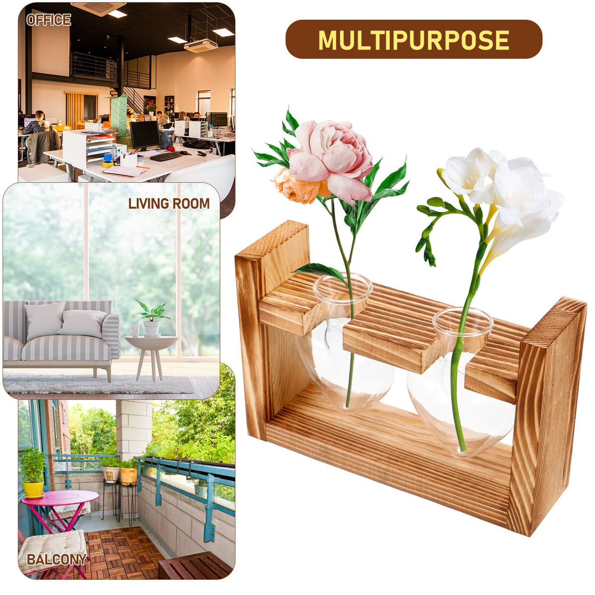 Unomor Wooden Stand Glass Terrarium Plant Holder Heart Shaped Vase Hydroponic Indoor Garden Decor with 2 Glass Containers for Home Office