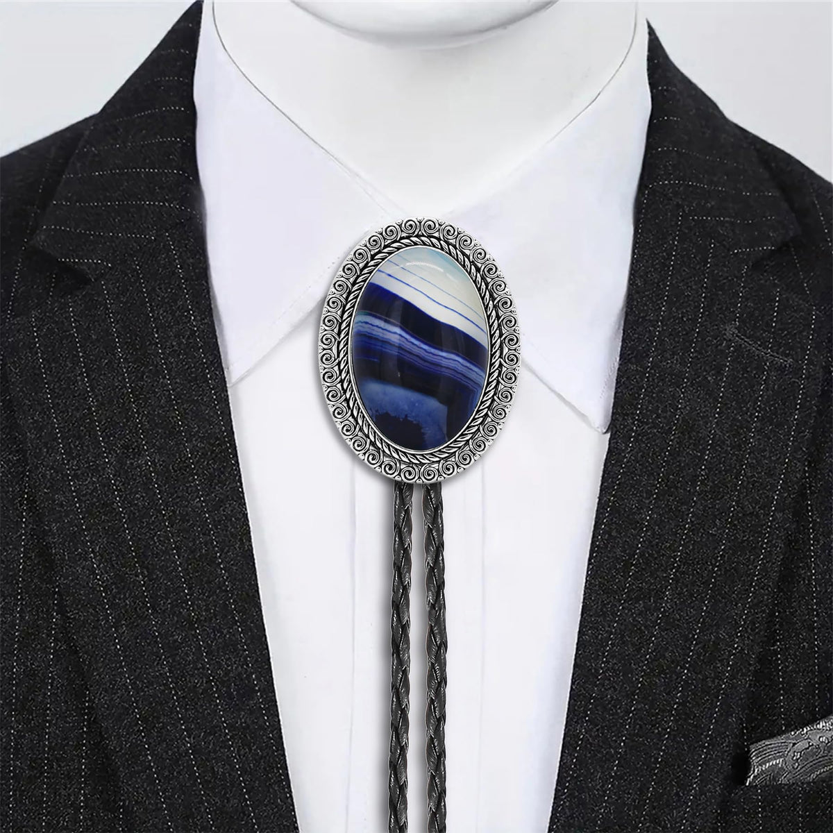 GelConnie Blue Bolo Tie for Men Western Cowboy Tie Necklace Silver Bolo Tie Leather Necktie Halloween Tie Accessories for Women