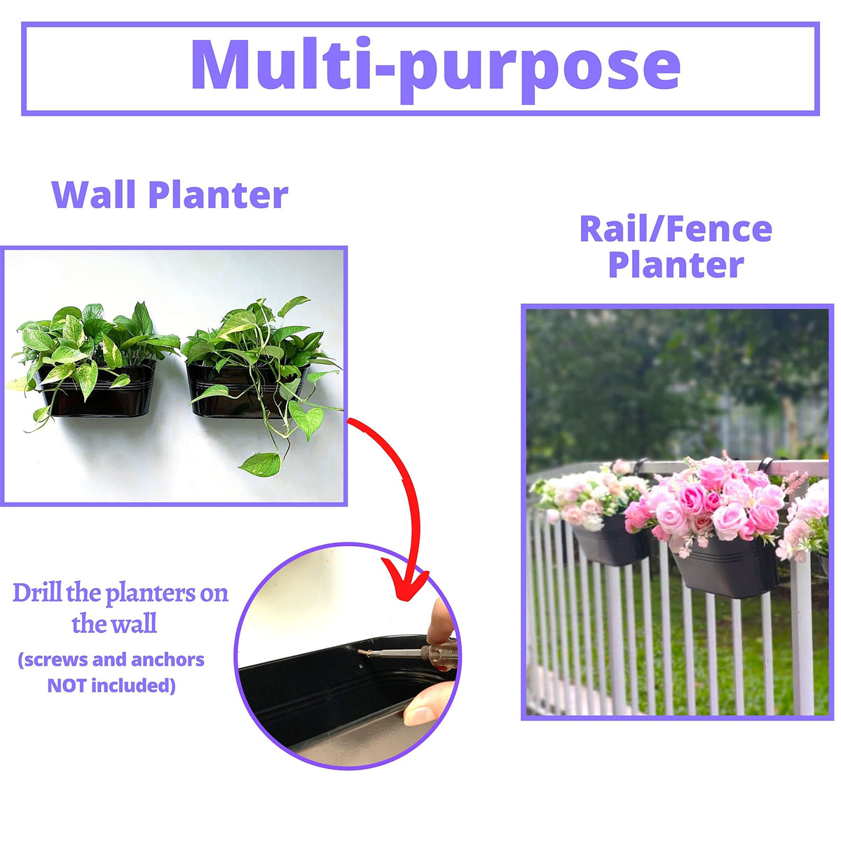 LaLaGreen Rail Planter Outdoor Plants (11.8 Inch, 2 Pack) Black Metal Iron Fence Hanging Flower Pots Deck Railings Buckets Countryside Boho Style Wall Mount Window Box Plant Holder Hooks Porch Decor