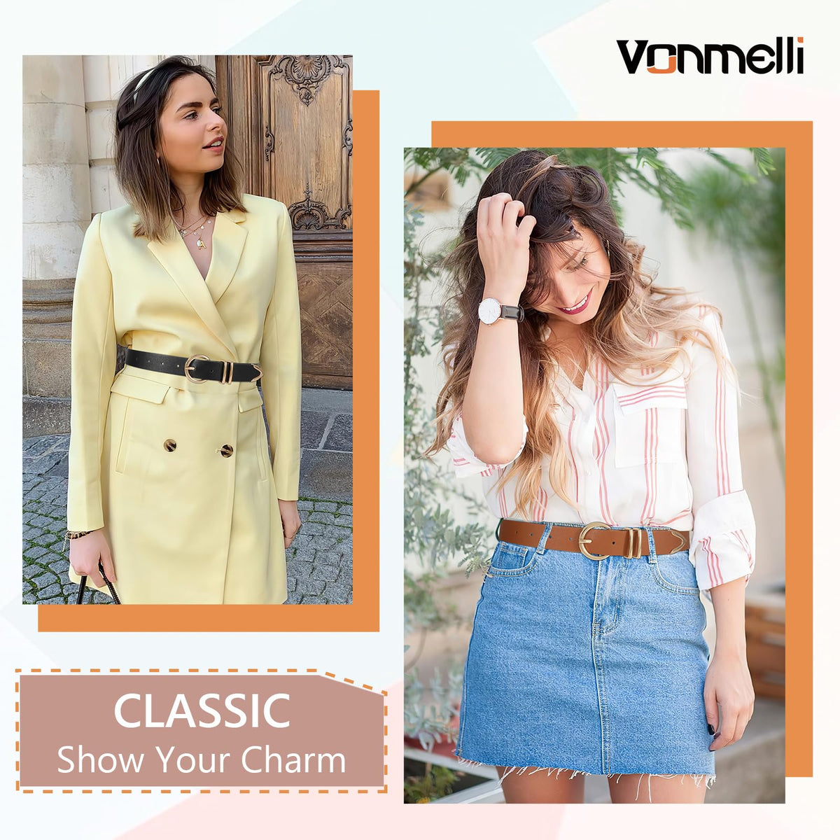 VONMELLI 2 Pack Women's Leather Belts for Jeans Pants Fashion Gold Buckle Ladies Belt Black Brown, M