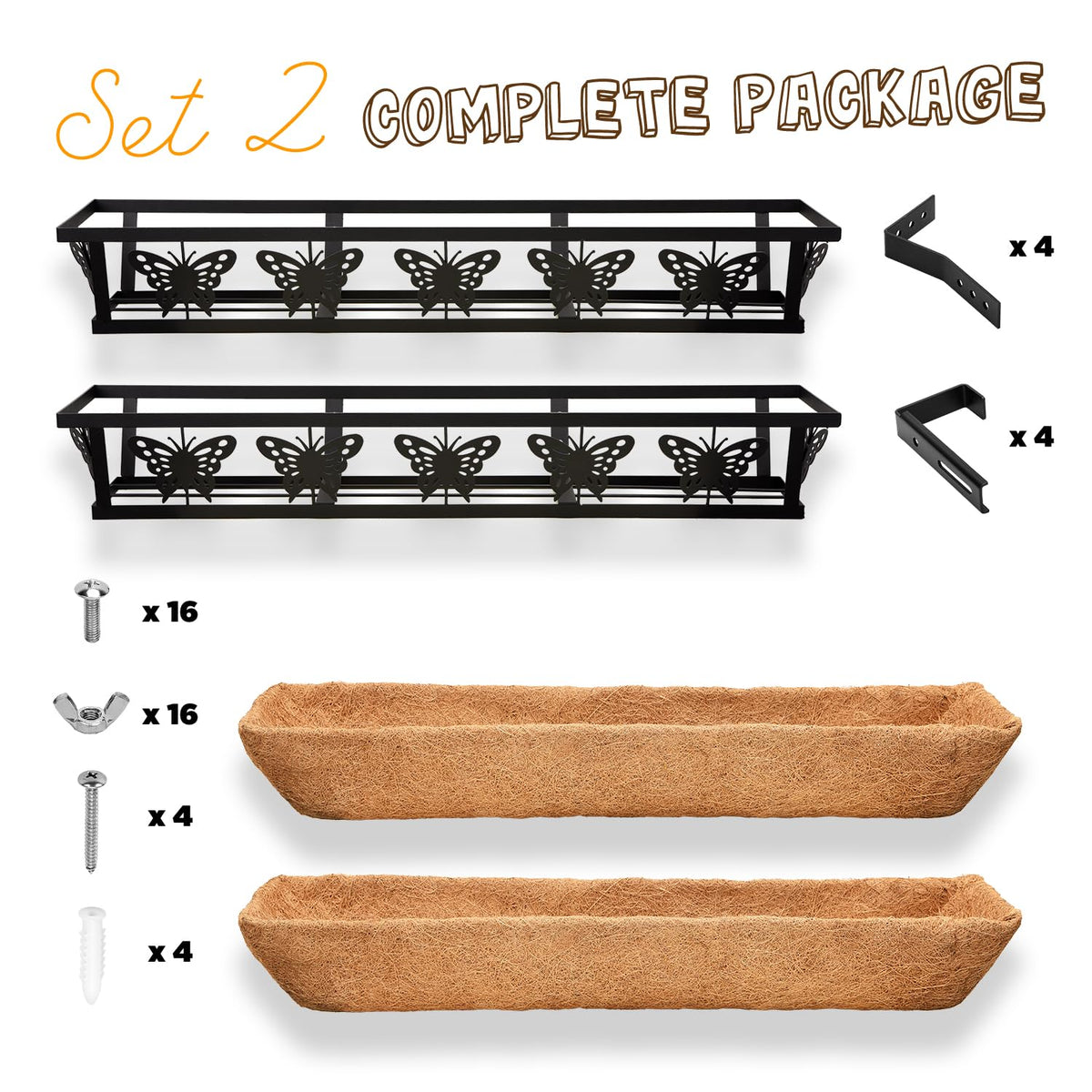 TPHUC Window Box Railing, 24IN Black Metal Hanging Flower Planter Basket with Coco Liner for Outdoor Balcony Porch Fence Patio for Home, Office and Hotel (Black - 2 Pcs/Set)