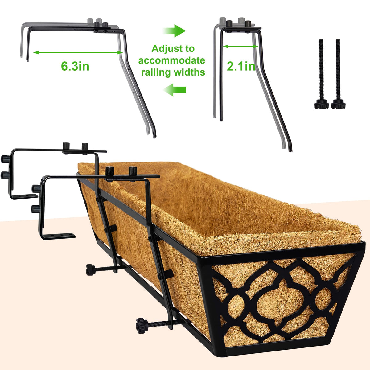 Y&M 36 Inch Window Deck Planter with Coco Liner, Metal Hanging Flower Boxes for Fence, Railing, Balcony, and Outdoor Garden Lawn – 4pcs