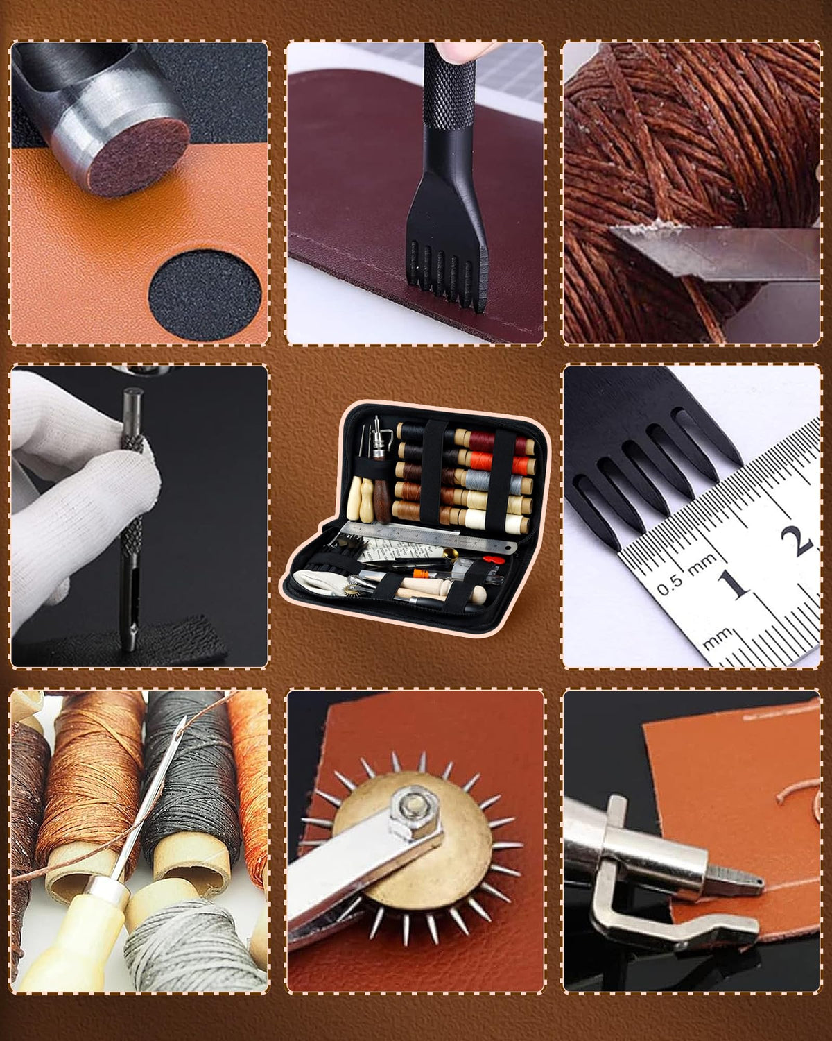 PLANTIONAL Leather Working Tools for Beginners: Professional Leather Craft Kit with Waxed Thread Groover Awl Stitching Punch for Leathercraft Adults Gifts 02