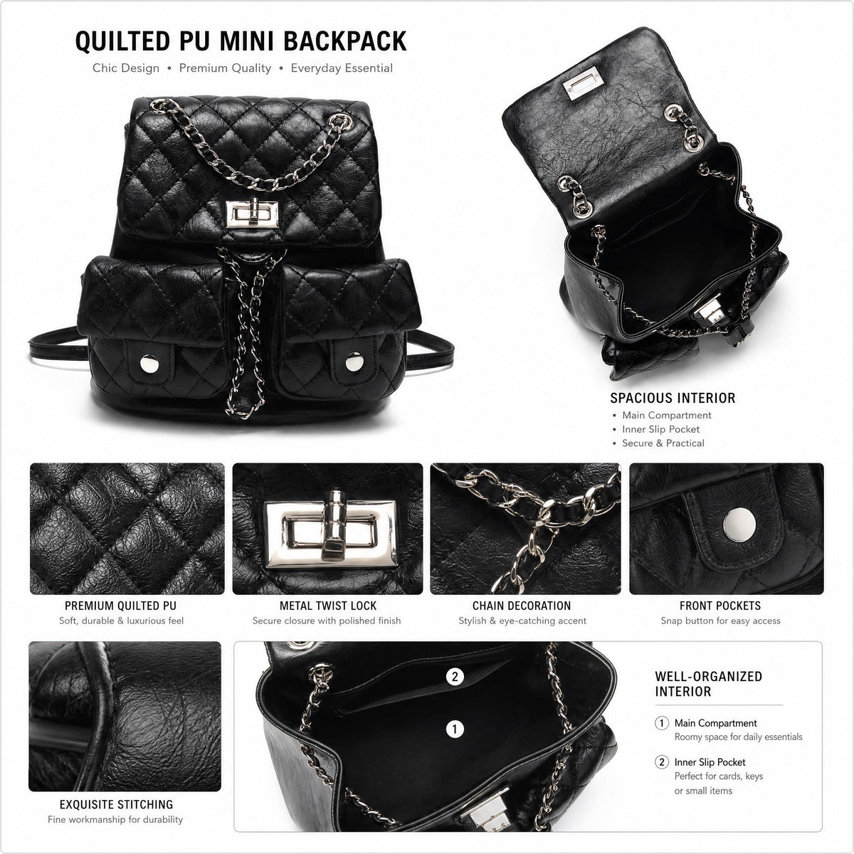 COC.EFRENAR Quilted Mini Backpack for Women, Chain Strap Small Purse with Flap Closure, Fashion Shoulder Bag Cute Travel Daypack(Black)