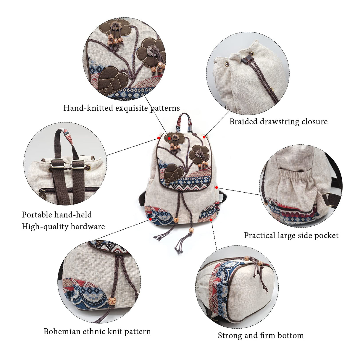 HUANGGUOSHU Backpack Purse For Women Casual Vintage Drawstring Back Pack Bohemian Travel Boho Hand-Held Flap Hand-Embroidered Backpack