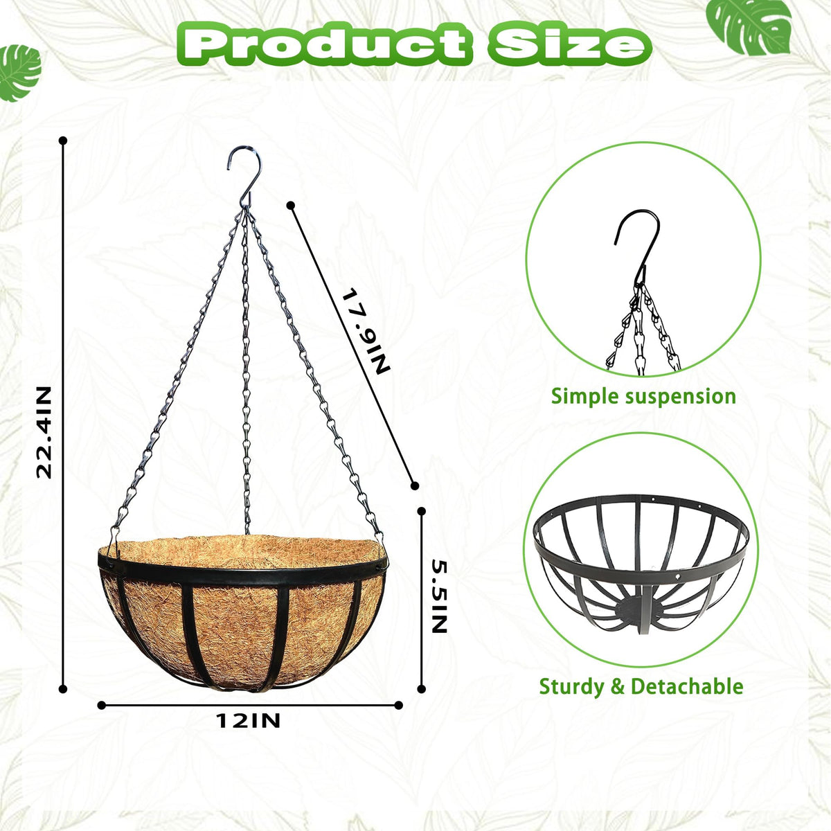 Qusuxi 2 Pack 12 Inch Metal Outdoor Hanging Baskets Black Heavy Duty Hanging Planters with Coco Liners for Indoor Outdoor Plants Gardens Patios Terraces（Flat Iron）