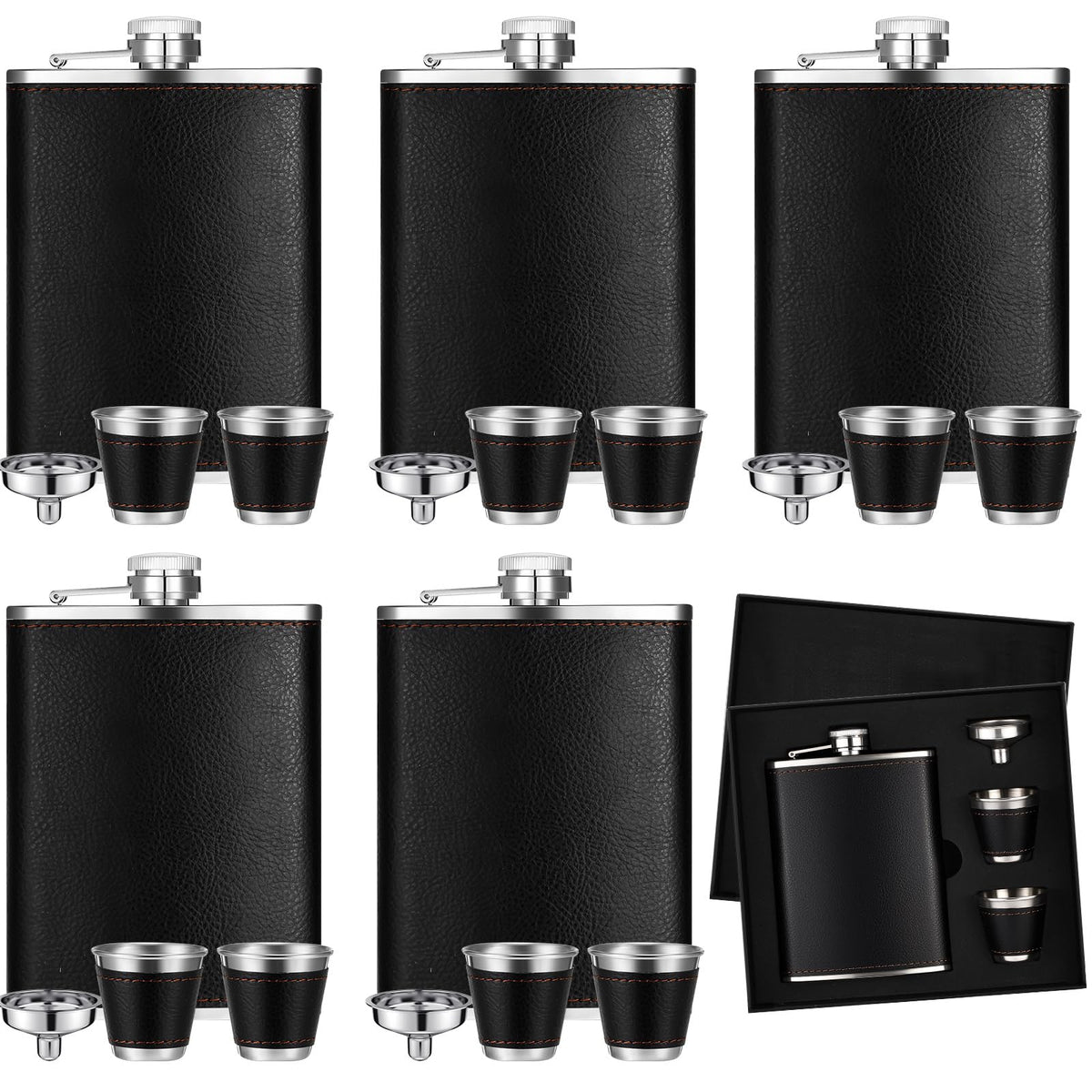 Domensi 6 Set Hip Flask Gift Set Flask for Liquor for Men with Black Leather Cover 8 oz Hip Flask Set 18/8 Stainless Steel Hip Flasks with 2 Cups & Funnel for Men Gift Box, Camping, Wedding Party