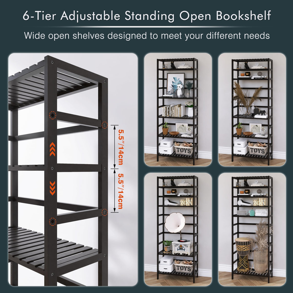 HITNET Bamboo Bookshelf, 6-Tier Tall Open Bookcase with Adjustable Shelves, Floor Standing Storage Shelf Unit for Living Room Bathroom Home Office, Black