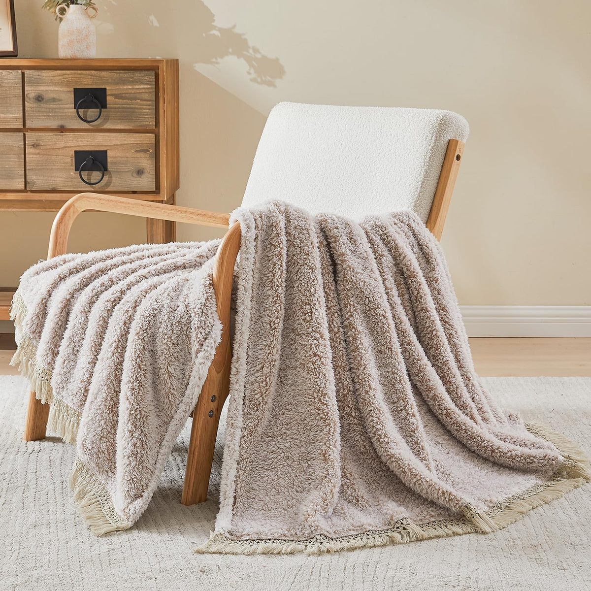 EMME Soft Sherpa Fleece Blanket with Tassel, Reversible Plush Fluffy Large Blanket, Light Weight Warm Decorative Boho Blanket Cover for Sofa, Couch, Bedroom,Travel(Tassel Khaki,108"x90")