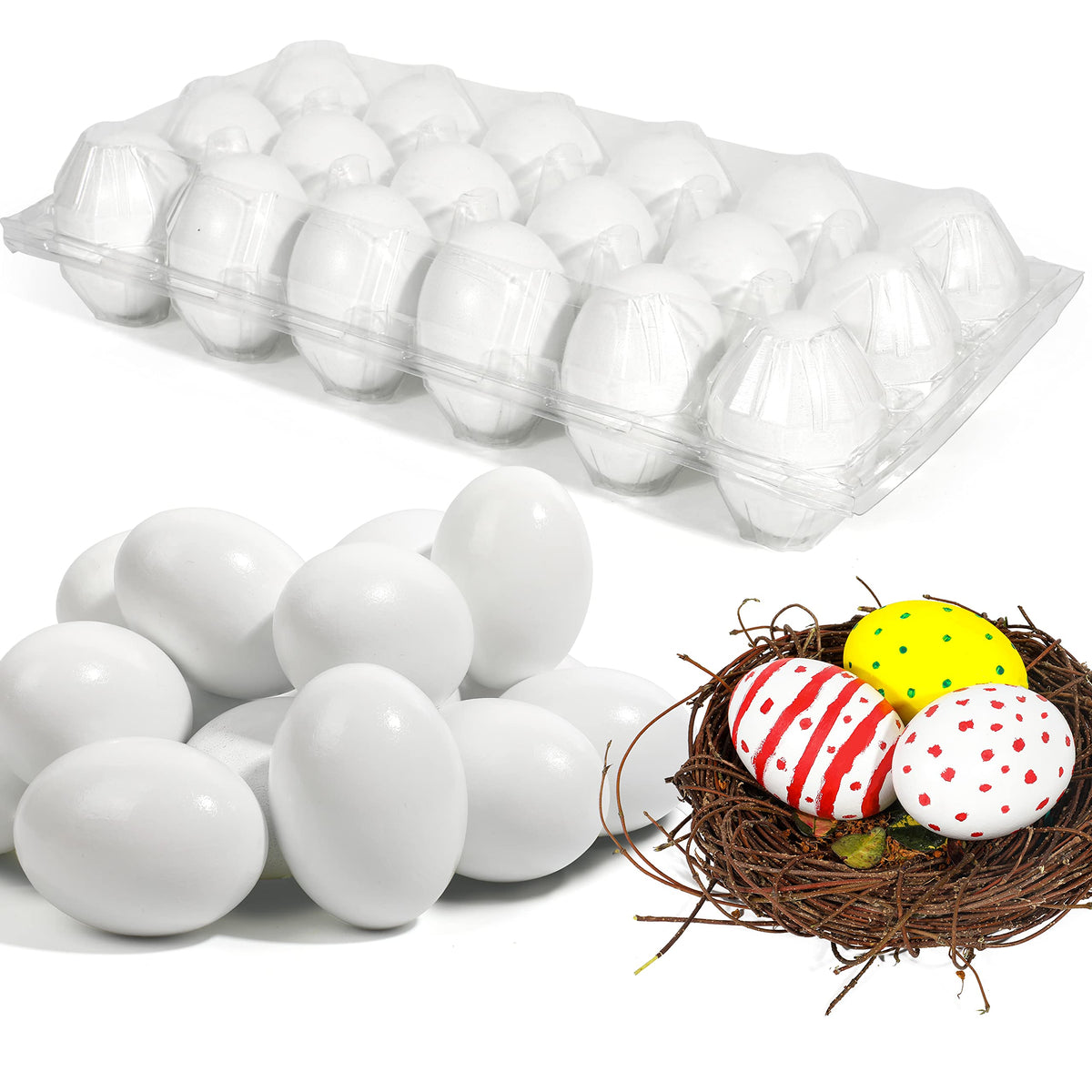 JOYIN 36 Pcs Easter White Wooden Egg, Fake Eggs Plain Decorating for DIY Paint Your Own Egg Decor, Easter Craft, Basket Stuffers, School Activities Supplies