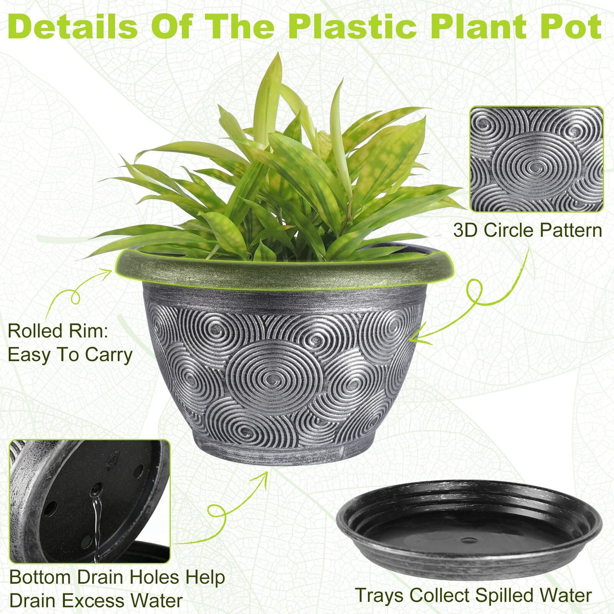 10-Inch -Plastic-Pots -For-Plant With Saucer, 4 Pack Outdoor Planters With Drainage Holes, Decorative Flower Pots For Indoor Plants, Modern 3D Swirl Silver Plant Pots With With Removable Tray