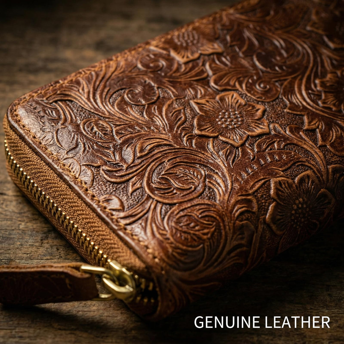 RMAWRAD genuine leather long bi-fold wallet/card holder, unisex, made of embossed buffalo leather, with card slots and a coin purse, brown.