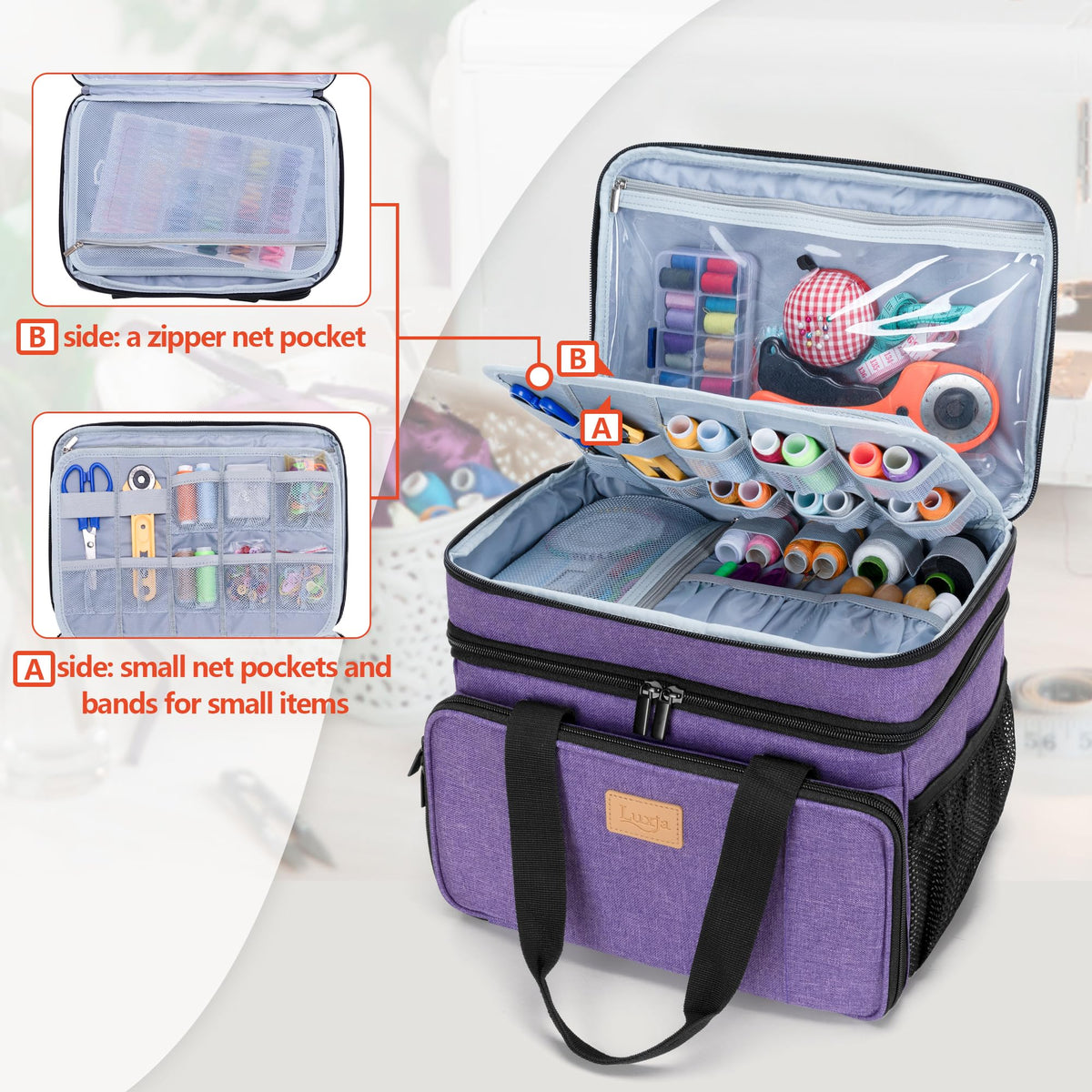 LUXJA Large Sewing Organizer with Many Compartments, 2 Layers Sewing Storage Bag with Varisized Pockets for Sewing and Crafting Supplies (Bag Only), Purple