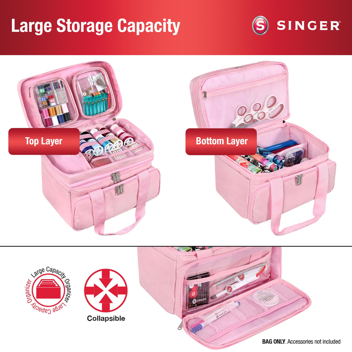 SINGER Sewing Accessories Organizer (Bag Only) – Double Layer Portable Sewing Storage Bag | 2 Detachable Pouches and 18 Compartments, Large Sewing Supplies & Crafting Carry-all (Pink)