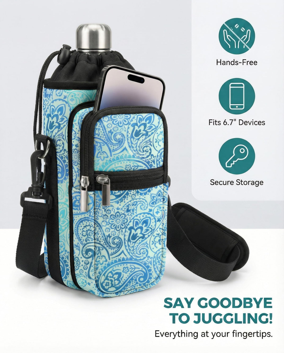 AUPET Water Bottle Sling Bag Sleeve Holder Carrier 25/32/40/64 oz,Insulated Crossbody Water Bottle Case Cover with Strap and Pockets for Men/Women Walking Hiking Camping (25oz, blue feather)