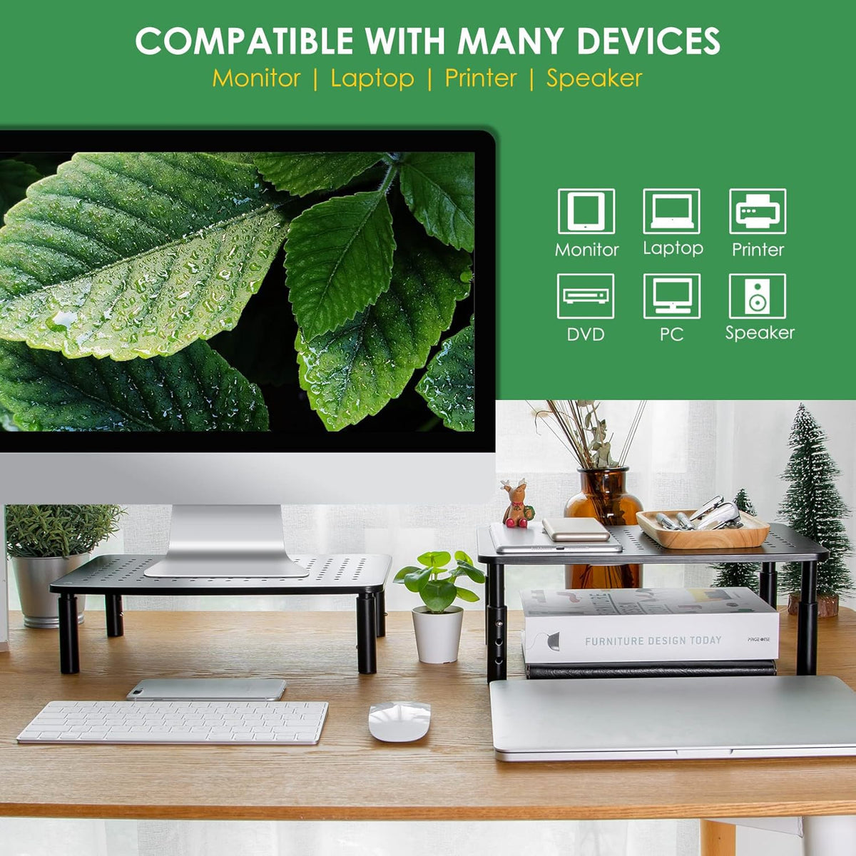 DOLALIKE 2 Pack Desktop Riser, 3 Height Adjustable Monitor stands for 2 Monitors, PC, Computer, Printer, iMac, Desktop Monitor Stand with Ventilated Platform for Airflow