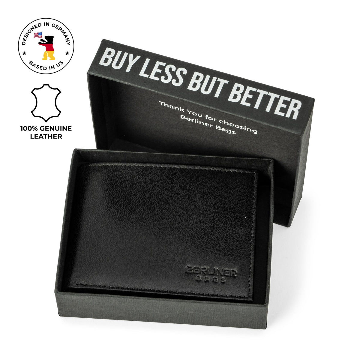 BERLINER BAGS Premium Genuine Leather Wallet for Men Peter, with ID Window, RFID Blocking, Bifold, Front Pocket Slim Wallet, 8 Card Holder, Bills Compartment, 2 ID Windows, Gift Box- Black
