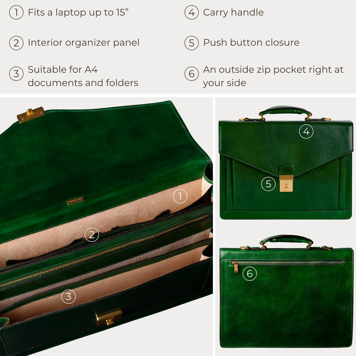 Time Resistance Leather Briefcase for Men - Business Laptop Bag - Italian Handmade Leather Bag - Attache - Gift Box Included (Green)