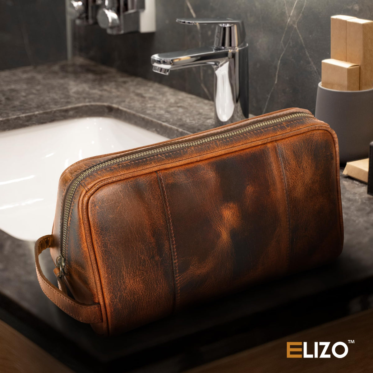 ELIZO Premium REAL Leather Toiletry Bag for Men Dopp Kitt Hanging Mens Toiletry Large TSA Toiletries Bag Shaving Grooming Bag Organizer