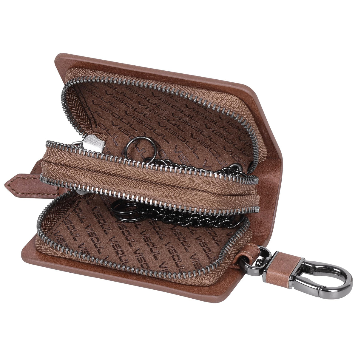 VISOUL Car Key Case Holder Double Zipper, Leather Car Smart Key Fob Case with Keychain for Men and Women-Brown