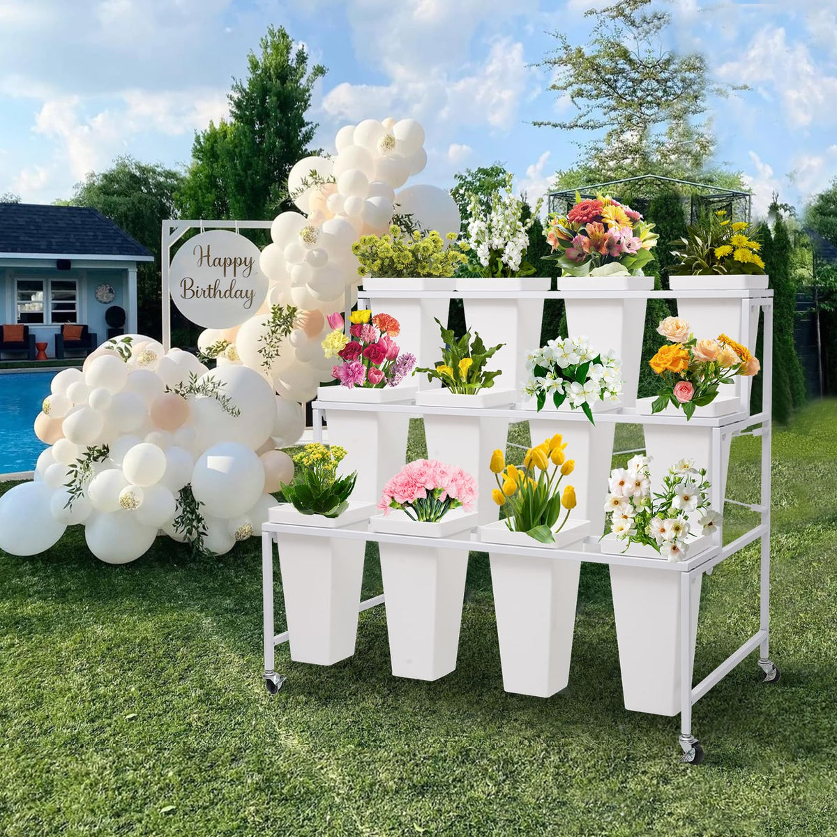 Flower Display Stands with Buckets, 3-Tier Rolling Plant Stand with Locking Wheels - Heavy Duty Metal Flower Cart for Indoor/Outdoor Use, Wedding Decor & Florist Displays (Holds 12 Pots) (Black)