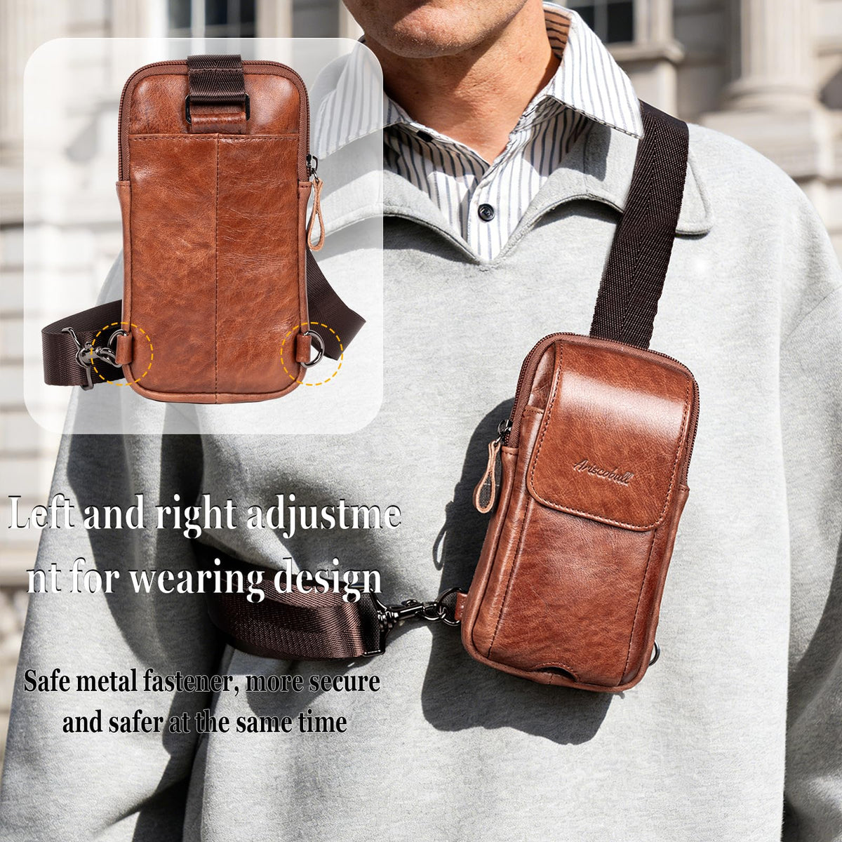 Ariscobull - Small Crossbody Bag for Men Women - Genuine Leather Mini Sling Bag with Charging Port - Travel Hiking Phone Daypack Cross Body Shoulder Bags (Coffe)