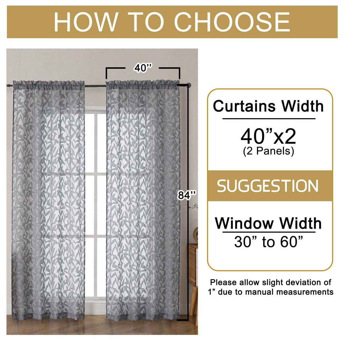 OWENIE Leyna Charcoal Gray Sheer Curtains 84 Inches Long for Living Room Bedroom 2 Panels Set, Modern Clip Jacquard Leaves Textured Light Filtering Curtains, Double Rod Pockets Drapes, 40Wx84L Inch