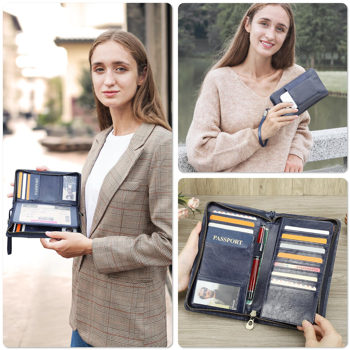 CataPurus Top Grain Leather Travel Passport Wallet Holder for Man & Woman, Handmade with Three-Layer for 4 Passports & Multi Cards, RFID Blocking Large Capacity for Cards/Passports/Tickets, Blue