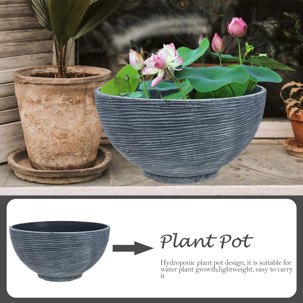 Floating Plant Pot Water Lily Water Planter Large Hydroponic Planter Garden Plant Bowl Flower Planting Container Decoration Accessories Grey Flower Pots