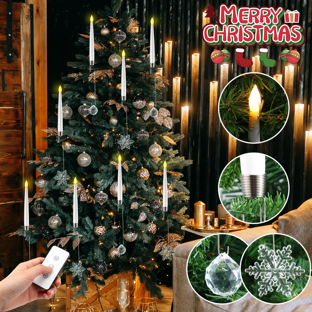 Jetec Christmas Tree Candles with Remote, 36 Pack Battery Operated Christmas Candles, Flickering Flameless Candle for Home, Party Decorations with 12 Crystal Ball 24 Crystal Snowflake Hook