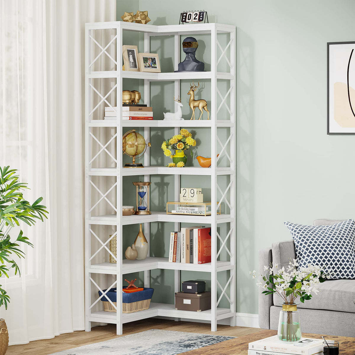 Tribesigns 7-Shelf Corner Bookshelf,Large Modern Corner Bookcase, 7-Tier Tall Corner Shelf Storage Display Rack with Metal Frame for Living Room Home Office (White)