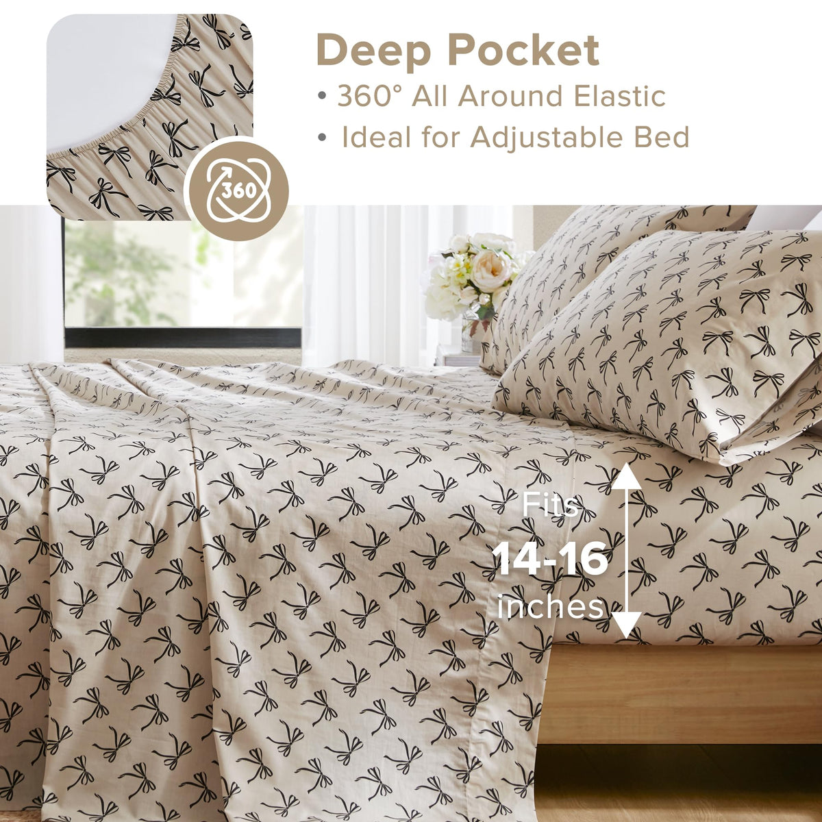 Comfort Spaces 100% Cotton Sheets Full, Breathable, Naturally Cool Cotton Sheets, Soft Cotton Bed Sheets with 14" Elastic Pocket Fits up to 16" Mattress, All Seasons Sheet Set, Bow Black/Taupe 4 Piece