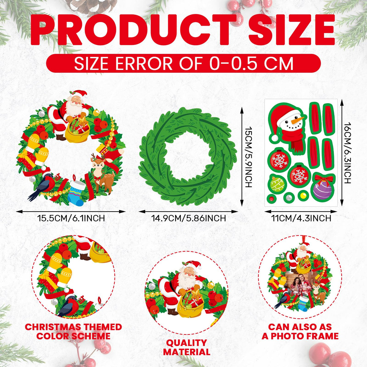 Fullhawl 48 Set Christmas Wreath Craft Kits DIY Christmas Photo Frame Ornament with Assorted Stickers Make You Own Wreath Crafts for Boys Girls Church Favor Home Classroom Xmas Gift