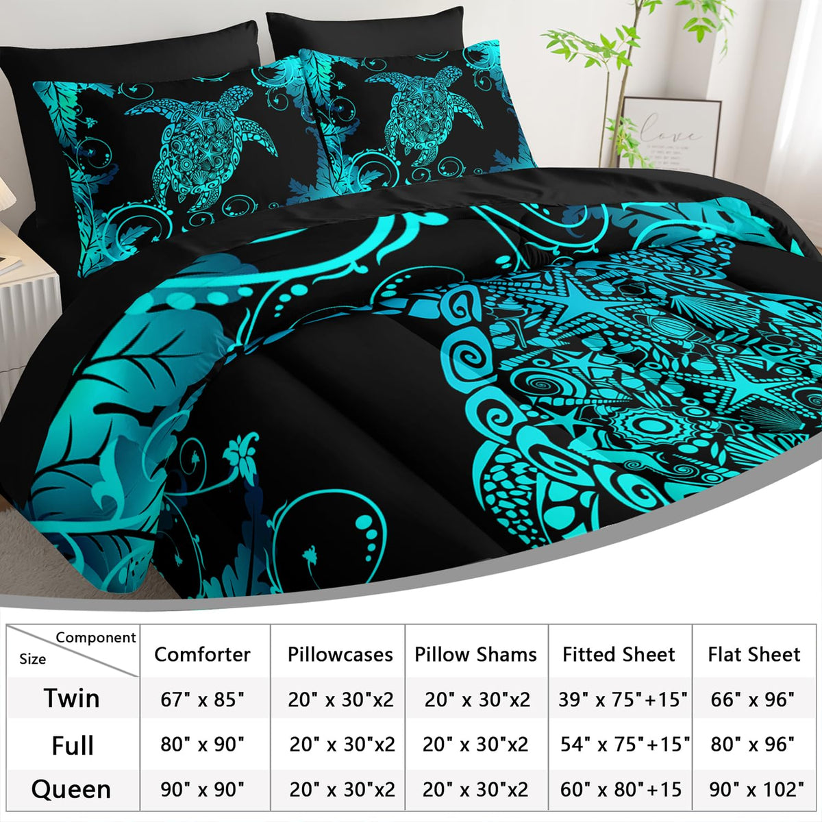 AILONEN Aqua Blue Black Turtle Comforter Set Full,7-Piece Soft Bed in a Bag for Kids Teen,Ocean Shell Sea Turtle Comforter & Fitted Sheet with Flat Sheet & 2 Pillowcases,2 Pillow Shams for Bedroom