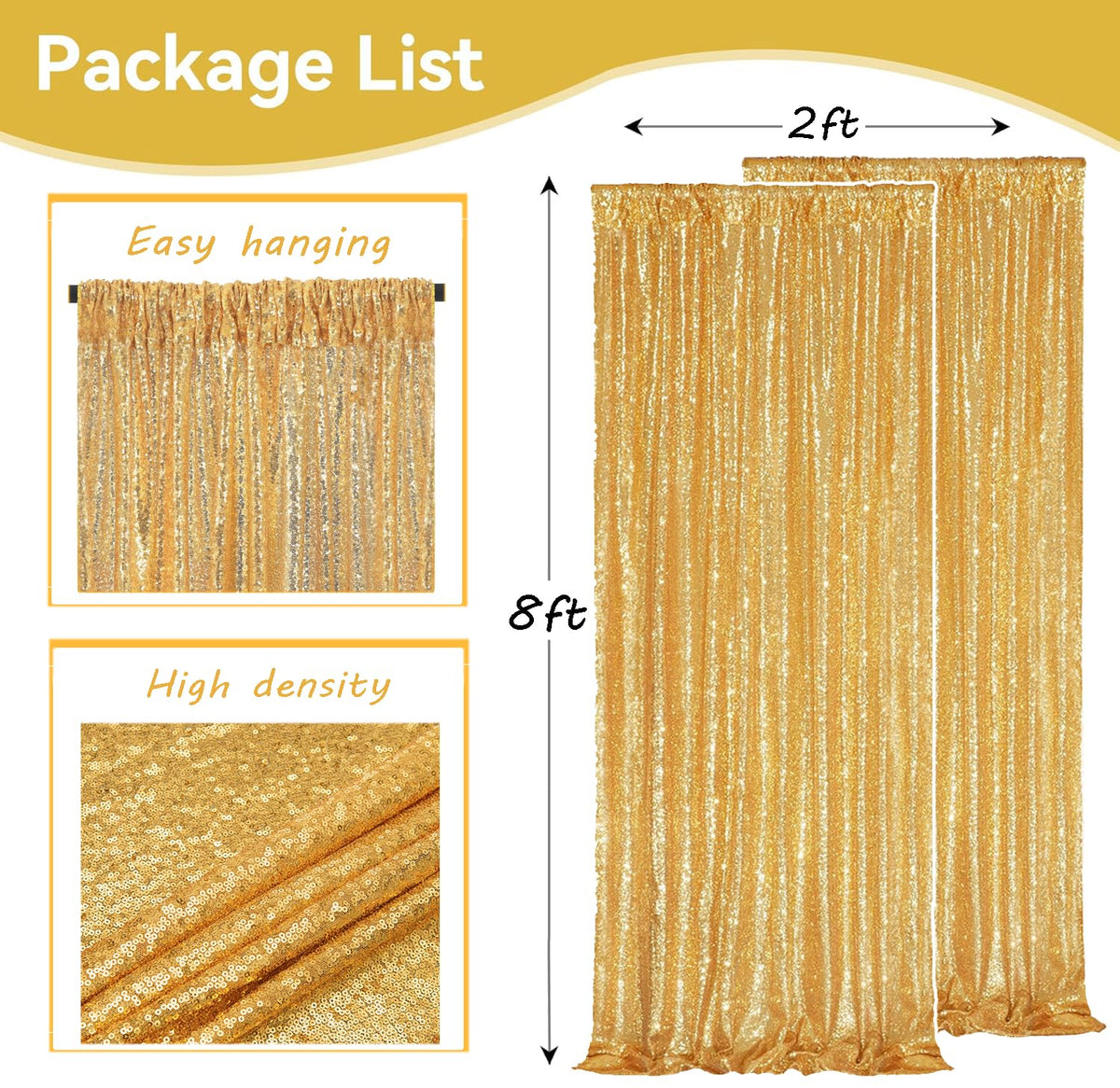 Fyledaee Gold Sequin Backdrop Curtains 2Panels 2x8ft for Party Photo Decor