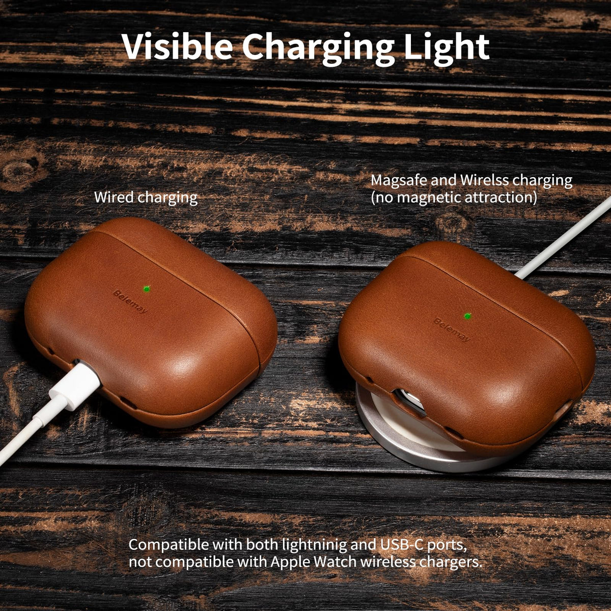 Belemay for AirPods Pro 2nd Generation Case, Compatible with MagSafe and Wireless Charging, Luxury Full-Grain Smooth Leather, Unique Patina, Comfort Grip, Compatible with Airpods Pro 2, Brown