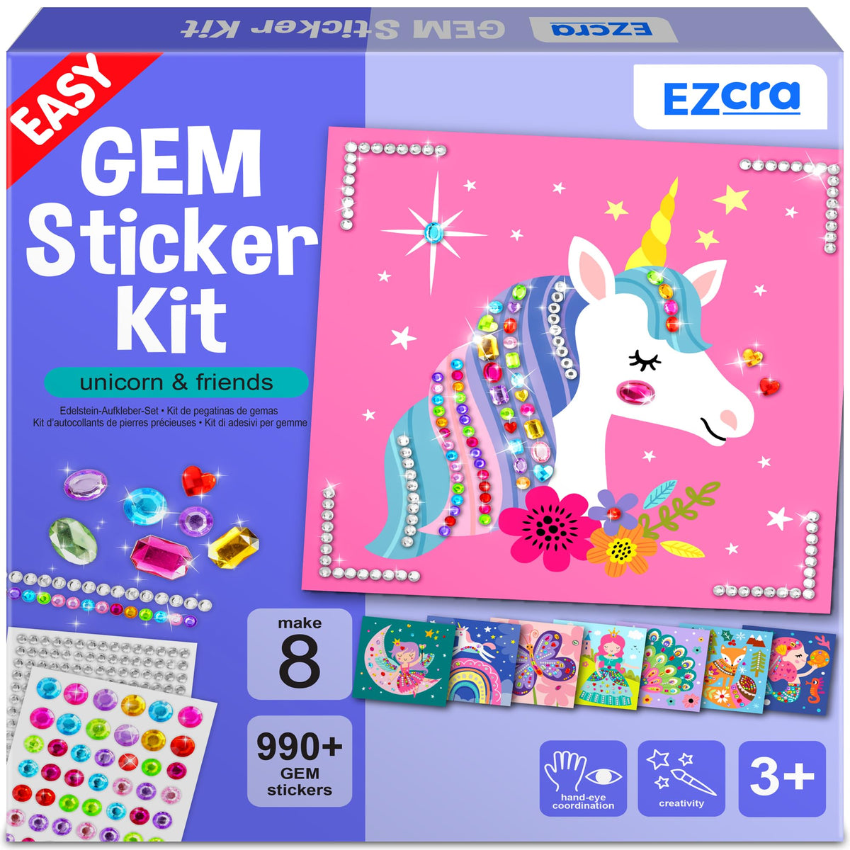 EZCRA Easy Arts and Crafts for Kids - Fun Gem Sticker Kit - 8 Unicorn Princess Themes, 990+ Stickers - Gem Art for Kids - Diamond Art Kits - Gifts for Girls Ages 3-8