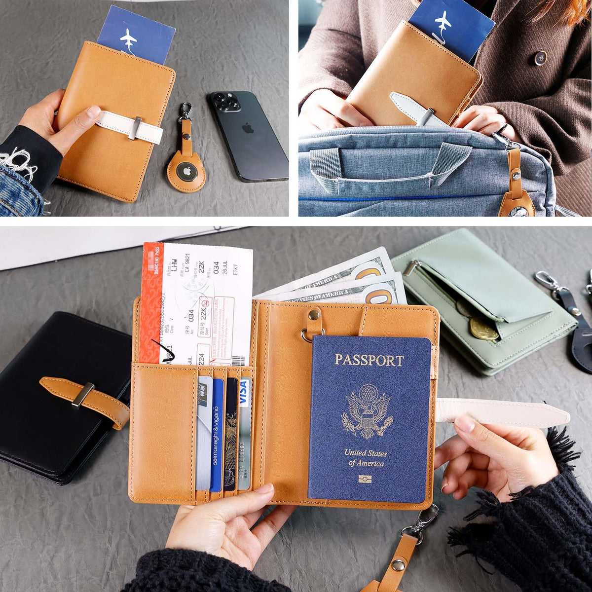 Deziliao Passport wallets, Mulit-purpose RFID Blocking Passport Holder AirTag Wallet, Travel Wallet Cover Case（Brown）