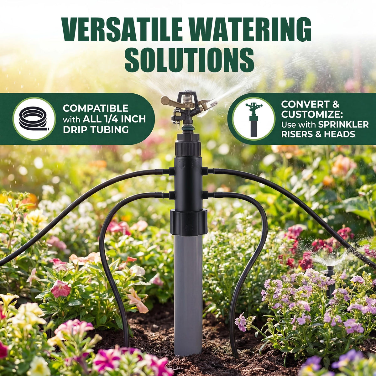 Gulfmew 4 Pack 4 Port Drip Irrigation Manifold with Filter, Drip Irrigation Riser Adapter, Watering Manifold for Gardening Systems, 1/2" Female Pipe Thread x 1/2" Male Pipe Thread x 1/4" Barbed End