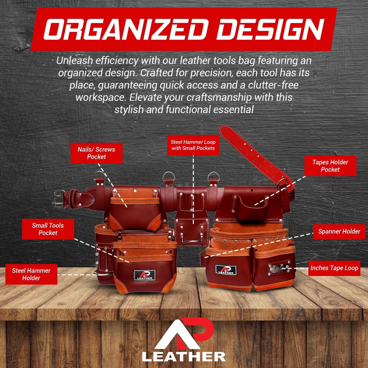 Ap-Leather Real cowhide oil tanned Leather Tool Belt/pouch/framer Set for Men/women Carpenters, Framers, Electricians, Gardeners & Construction Work with 26 Pockets.
