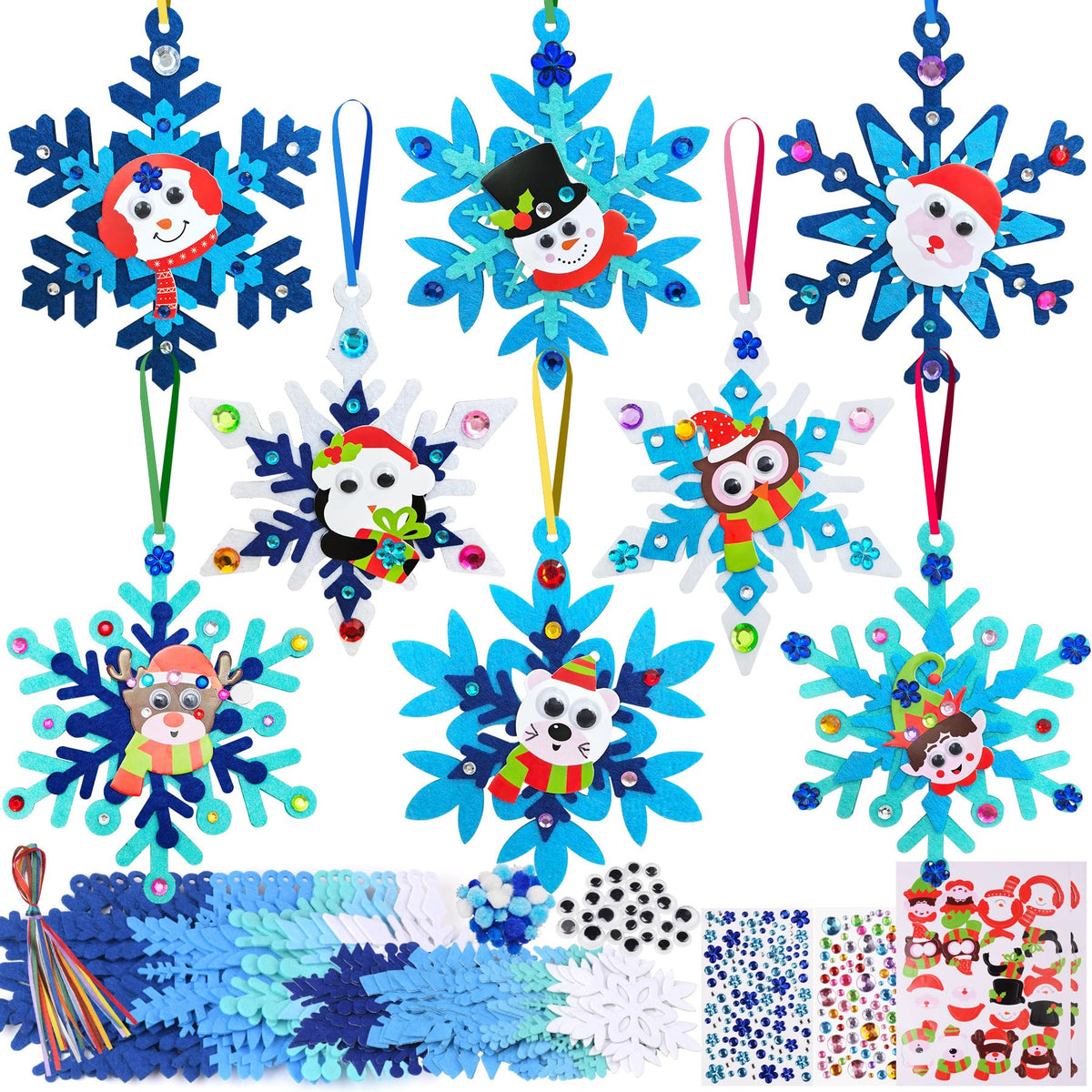Ruicnte 24 Sets Christmas Craft Art Kits for Kids,DIY Winter Snowflake Crafts with Penguin Snowman Santa Sticker for Christmas Tree Ornaments Decoration for Home Classroom Activities Favors