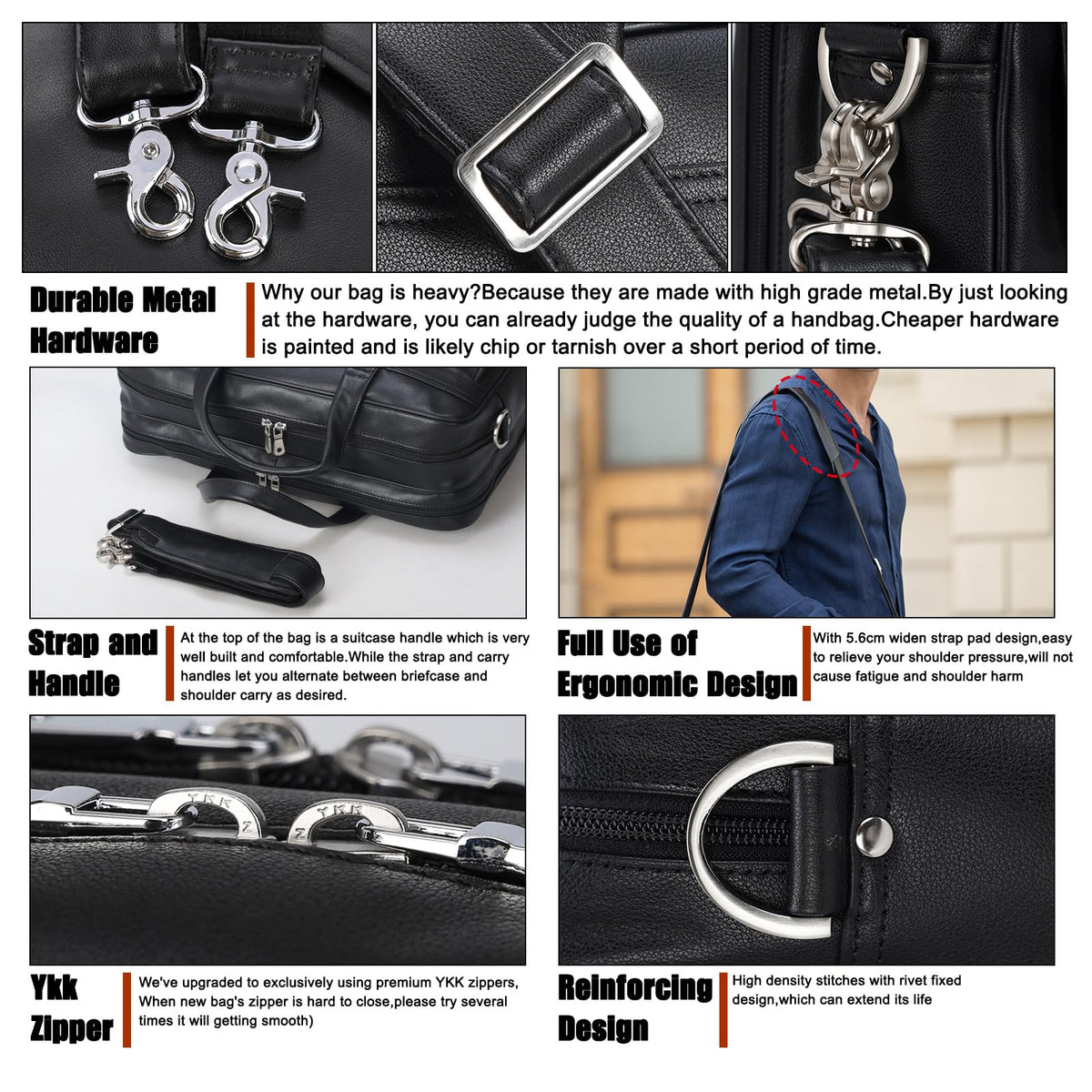 Masa Kawa Black Leather Briefcase for Men 17 Inch Laptop Computer Case Business Travel Work Messenger Cross Body Shoulder Bag