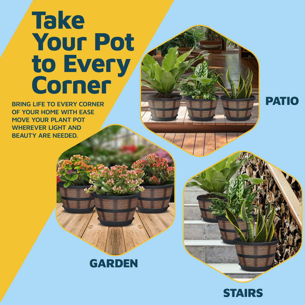 10-Inch Whiskey Barrel Planters Outdoor Pack of 25 - Durable Plastic Plant Pots for Indoor & Outdoor Use with Drainage & Saucer, Lightweight Rustic Barrel Planters for Flowers, Herbs & Small Plants