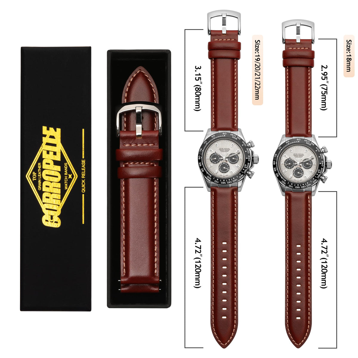 CORROPELLE Leather Watch Bands Quick Release, Elegant Top Grain Leather Watch Straps Band Replacement for Men and Women, Watch and Smartwatch, Choice of Width 18mm 19mm 20mm 21mm 22mm