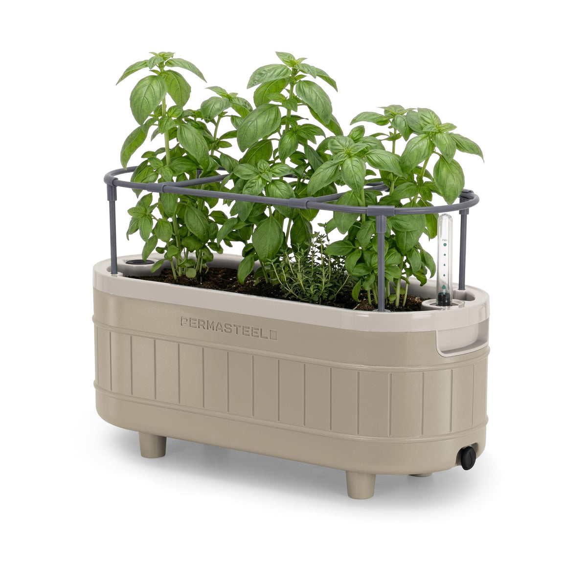 Permasteel Herb Garden Planter with Trellis Support, Self-Watering System with Water Level Indicator, Fits Multiple Herb Plants, for Basil, Flowers, Succulents, Indoor & Outdoor, Taupe